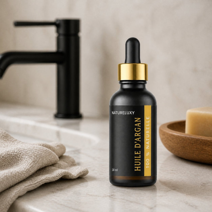 Lot de 2 Huiles d’Argan 30 ml Pipette — 100% naturelle, Soin visage corps cheveux (2×30 ml) – présentation du produit dans une salle de bain lumineuse et naturelle