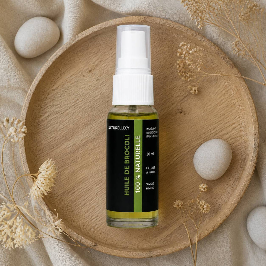 2 Huile de Brocoli 30mL Spray 100% Naturelle – composition flat lay avec éléments naturels, vue du dessus
