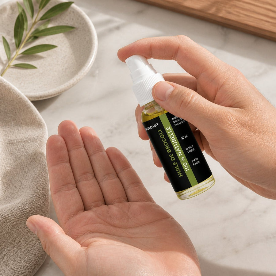 2 Huile de Brocoli 30mL Spray 100% Naturelle – application en situation réelle, geste de soin quotidien