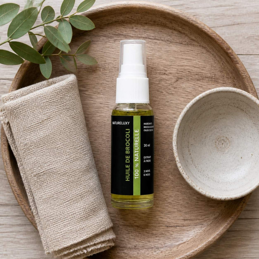 2 Huile de Brocoli 30mL Spray 100% Naturelle – rituel d'utilisation vu du dessus, ambiance naturelle zen