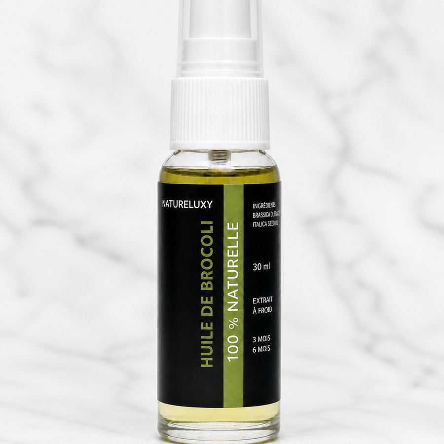 2 Huile de Brocoli 30mL Spray 100% Naturelle – gros plan sur les détails et la finition du packaging
