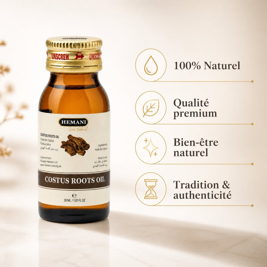 Huile de Costus Indien 30 mL Lot de 2 — Hemani 100% naturelle – infographie des bienfaits et des ingrédients clés