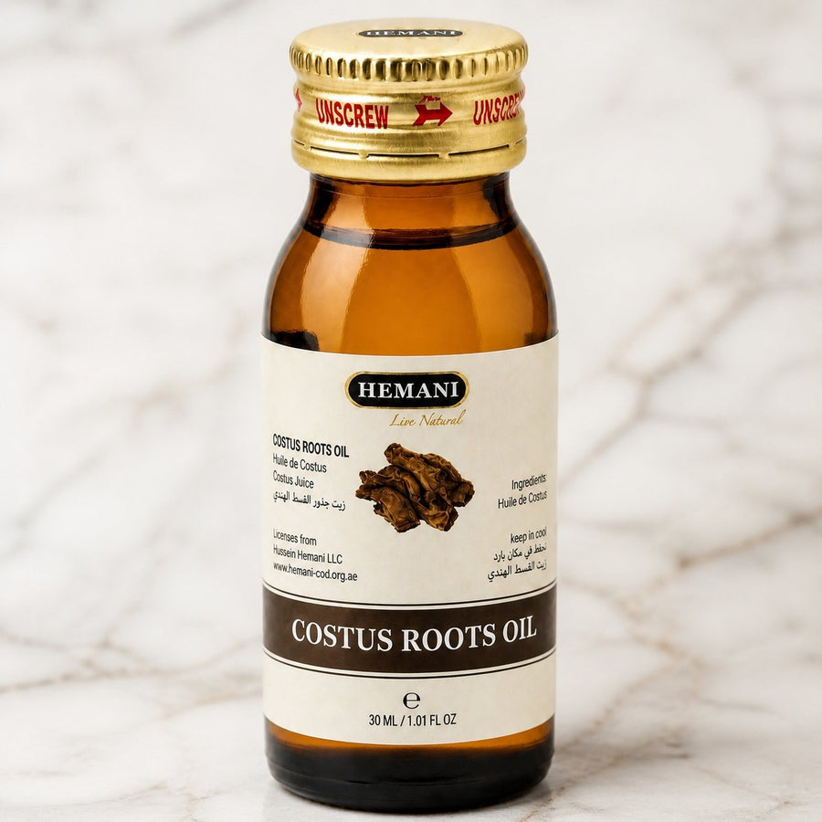 Huile de Costus Indien 30 mL Lot de 2 — Hemani 100% naturelle – gros plan sur les détails et la finition du packaging