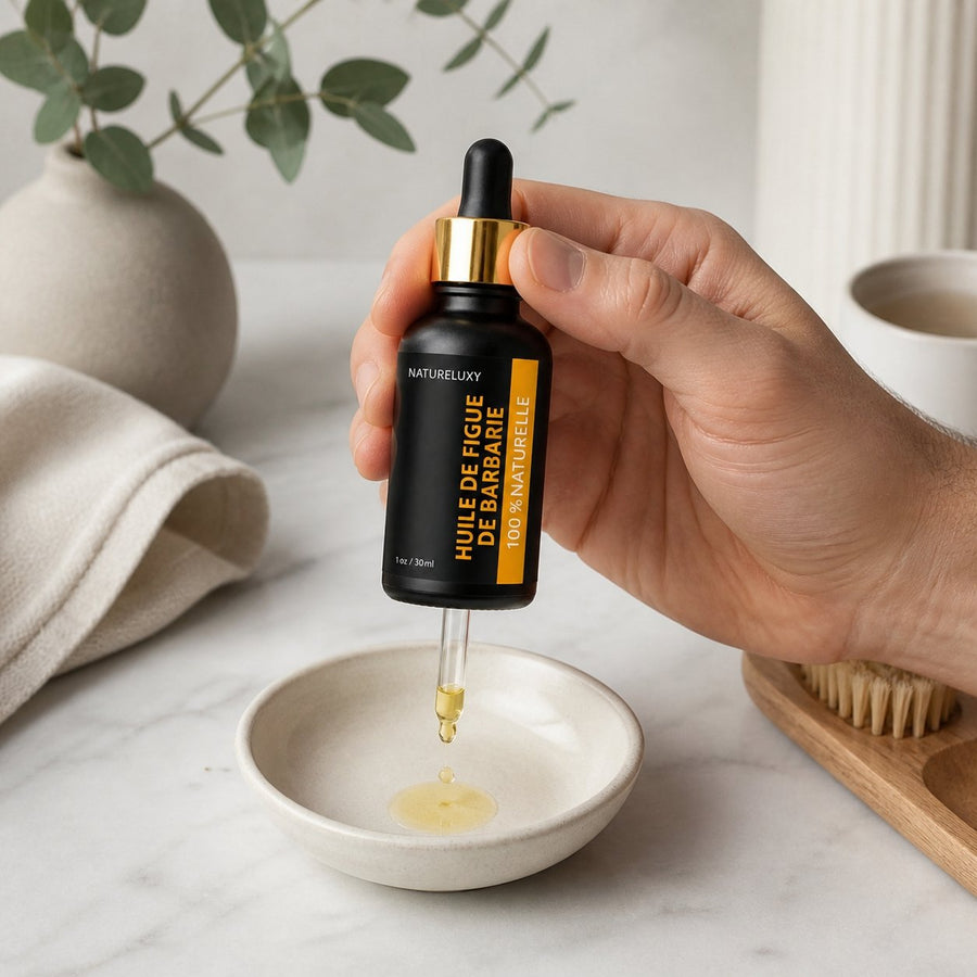 Lot 2× Huile de Figue de Barbarie 30 ml Pipette – Soin visage anti-âge, peaux matures & déshydratées (Origine Maroc) – application en situation réelle, geste de soin quotidien