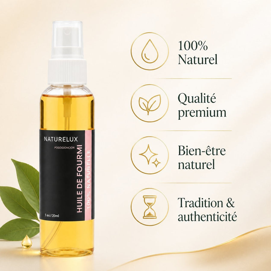 2 Huile de Fourmi Contre la Pousse des Poils 100mL Spray 100% Naturelle – infographie des bienfaits et des ingrédients clés