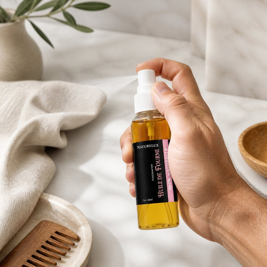 2 Huile de Fourmi contre la pousse des poils 30mL Natureluxy – application en situation réelle, geste de soin quotidien