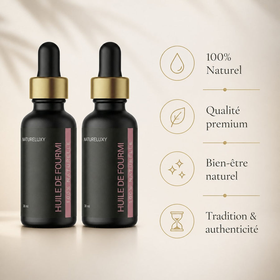 2 Huiles de Fourmi contre la pousse du poil - 30ml – infographie des bienfaits et des ingrédients clés