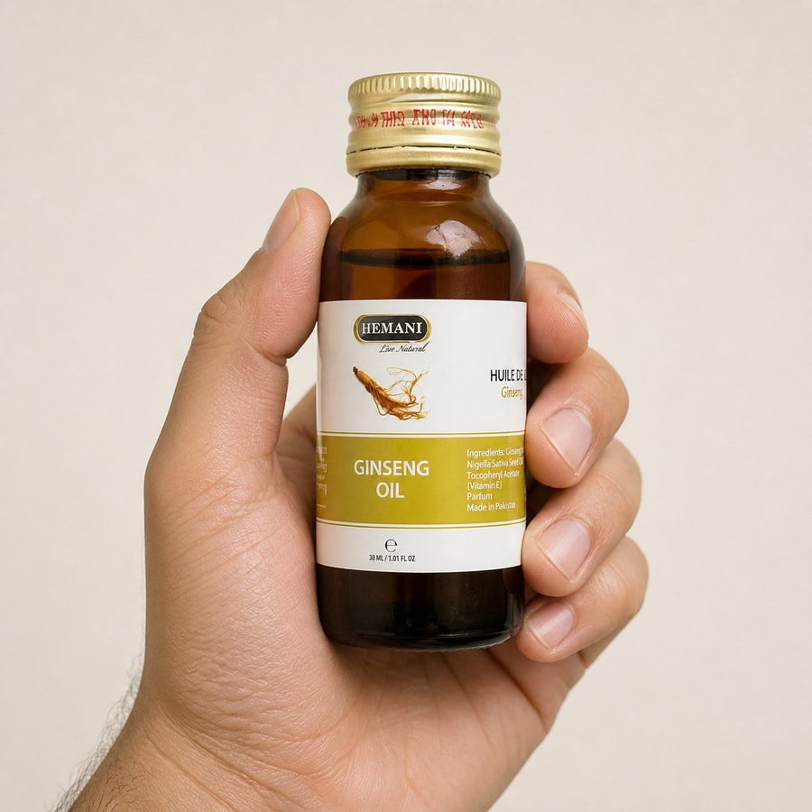 2 Huile de Ginseng 30ml Naturelle Hemani – taille et contenance réelles du produit en main