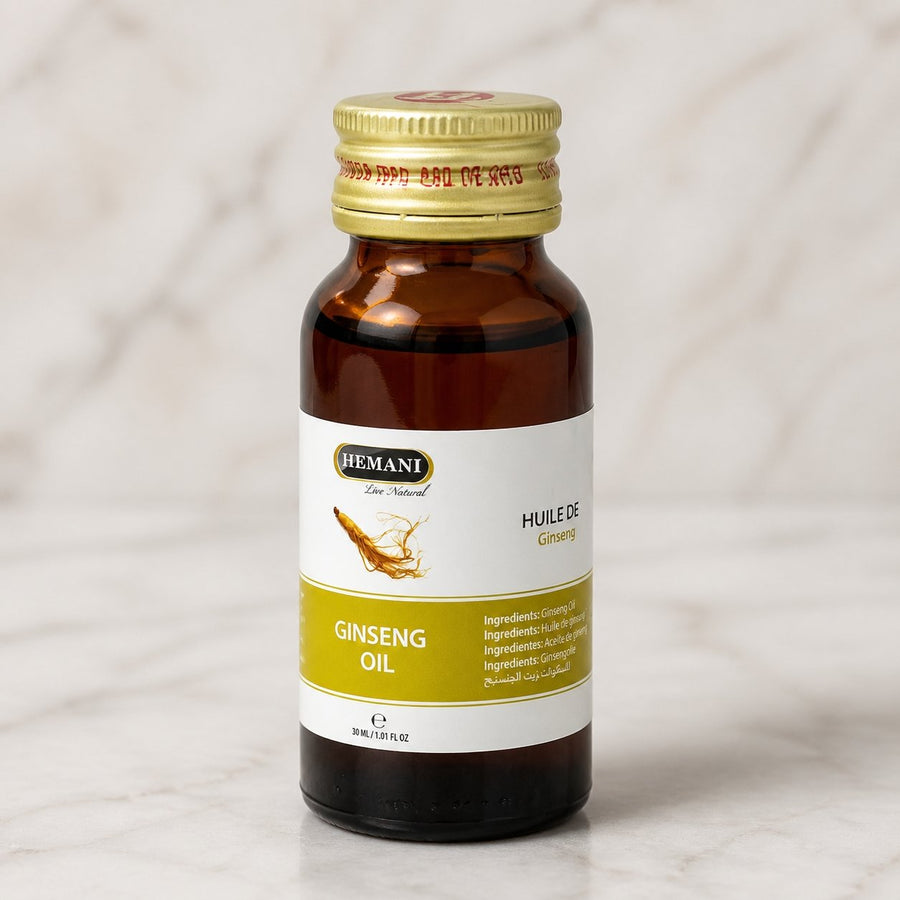 2 Huile de Ginseng 30ml Naturelle Hemani – gros plan sur les détails et la finition du packaging