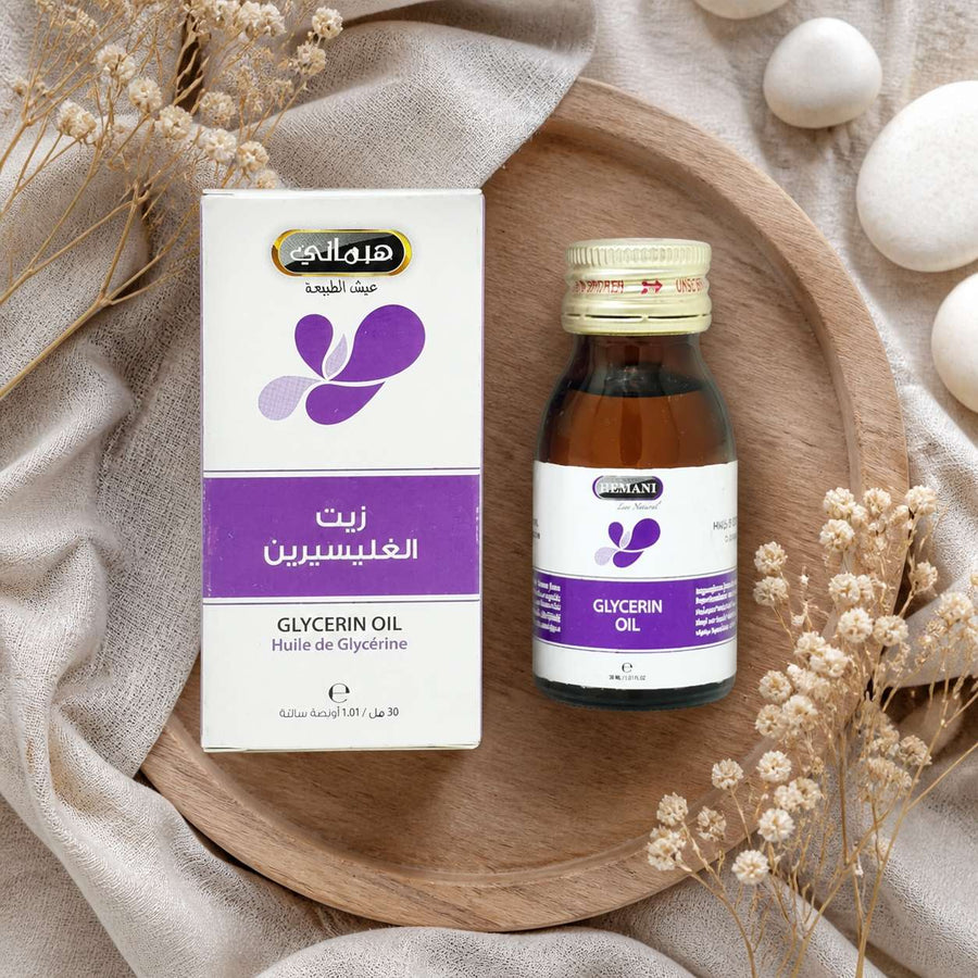 2 Huile de Glycérine 30mL 100% Naturelle Hemani – composition flat lay avec éléments naturels, vue du dessus