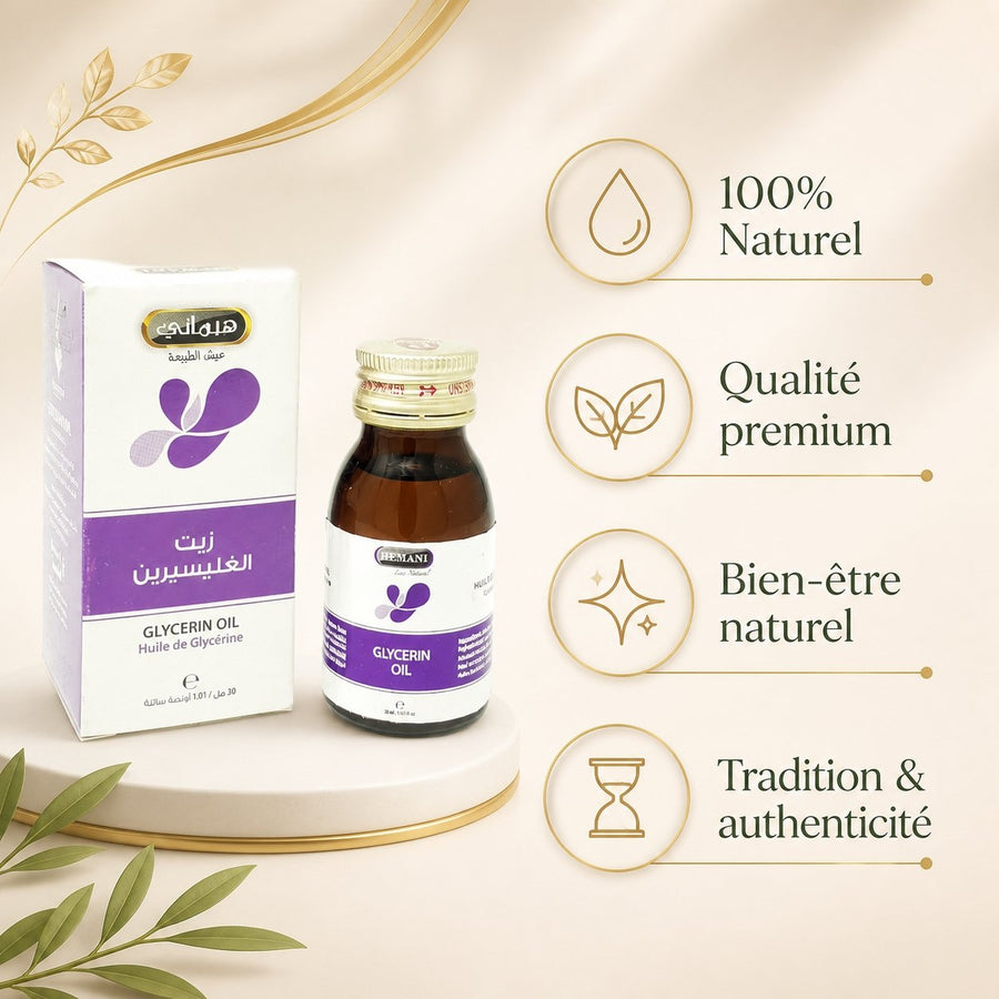 2 Huile de Glycérine 30mL 100% Naturelle Hemani – infographie des bienfaits et des ingrédients clés