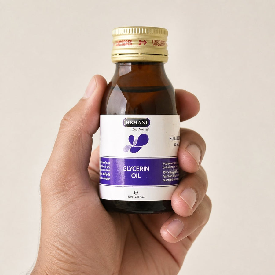 2 Huile de Glycérine 30mL 100% Naturelle Hemani – taille et contenance réelles du produit en main