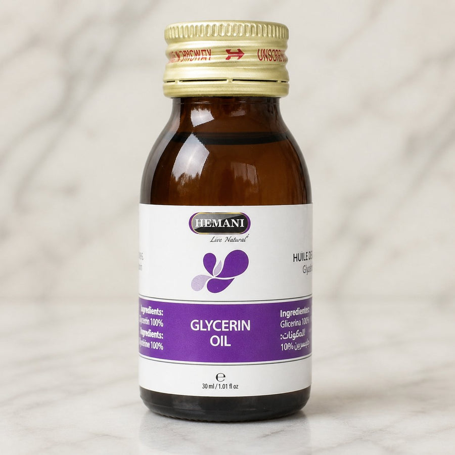 2 Huile de Glycérine 30mL 100% Naturelle Hemani – gros plan sur les détails et la finition du packaging