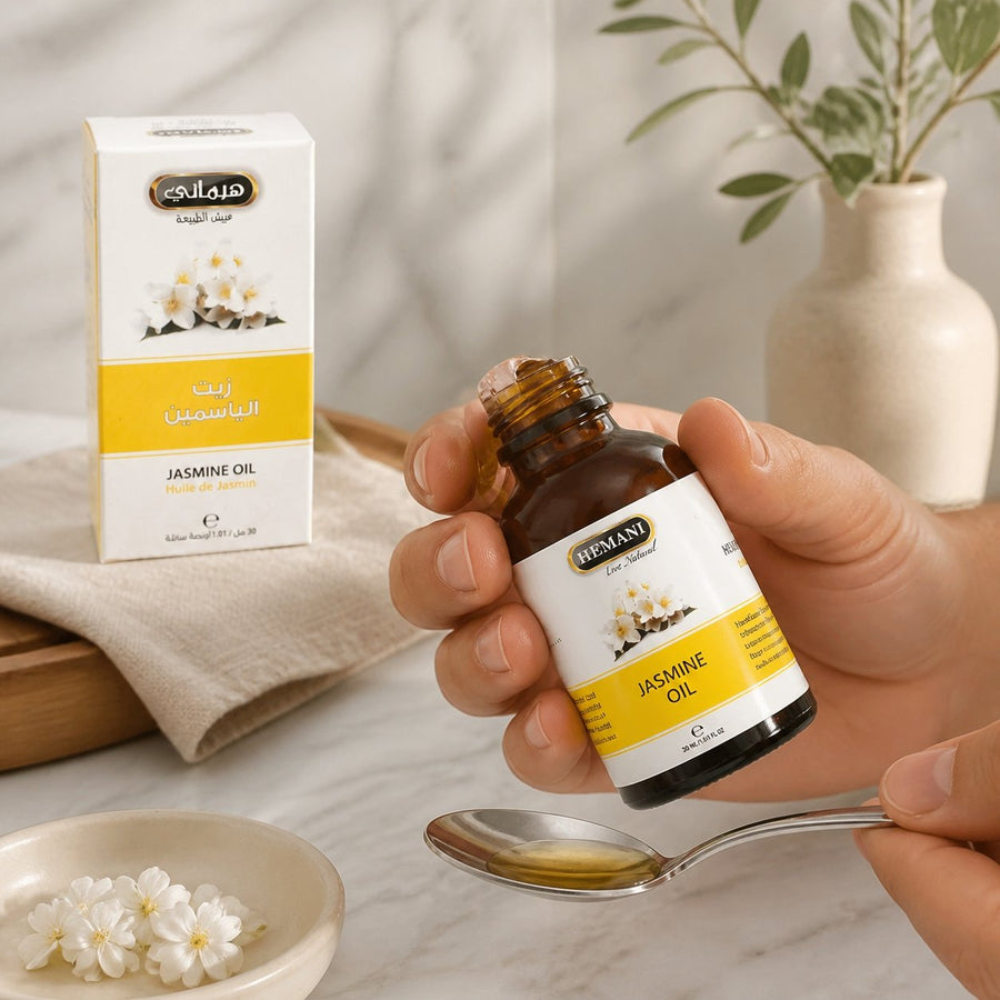 2 Huile de Jasmin 30ml Naturelle Hemani – application en situation réelle, geste de soin quotidien