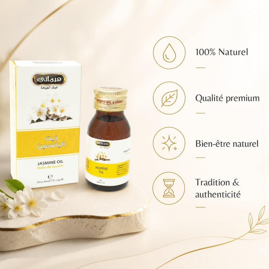 2 Huile de Jasmin 30ml Naturelle Hemani – infographie des bienfaits et des ingrédients clés
