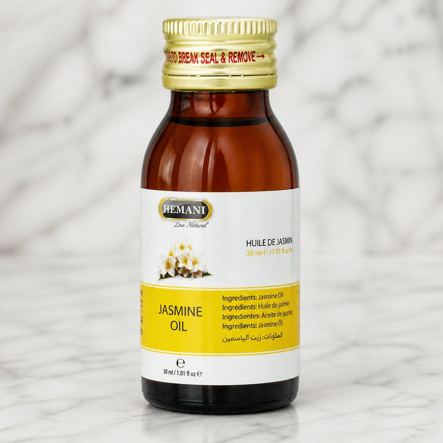2 Huile de Jasmin 30ml Naturelle Hemani – gros plan sur les détails et la finition du packaging