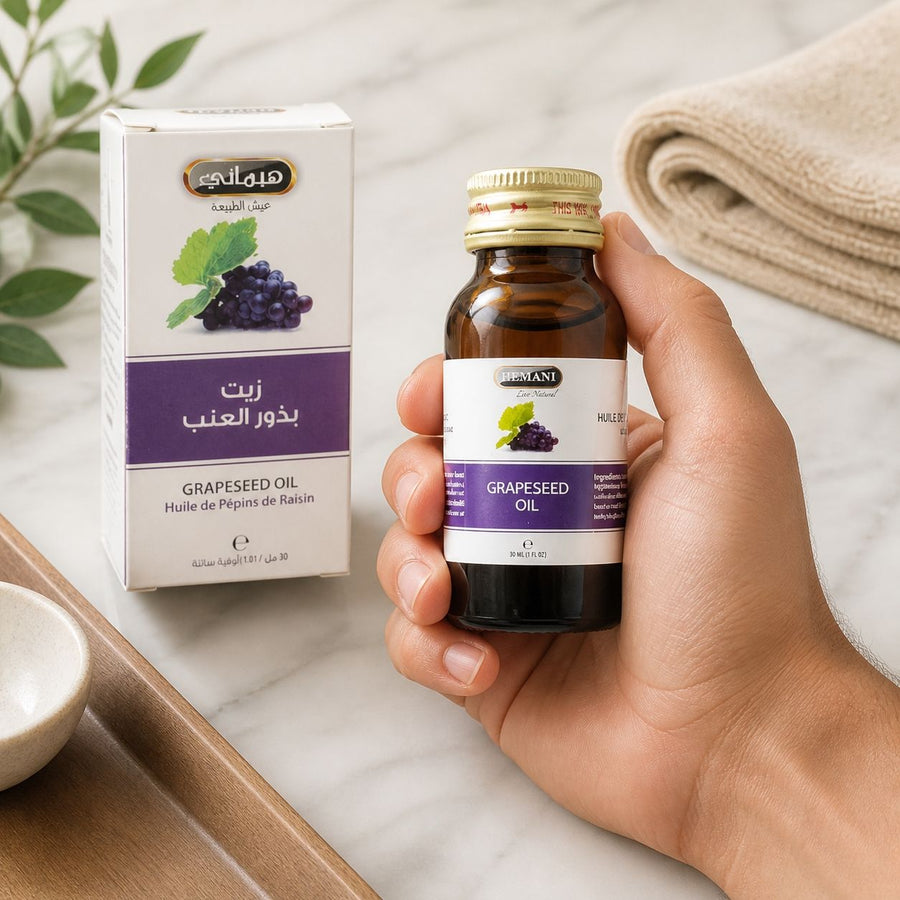 2 Huile de Pépin de Raisin 30mL 100% Naturelle Hemani – application en situation réelle, geste de soin quotidien