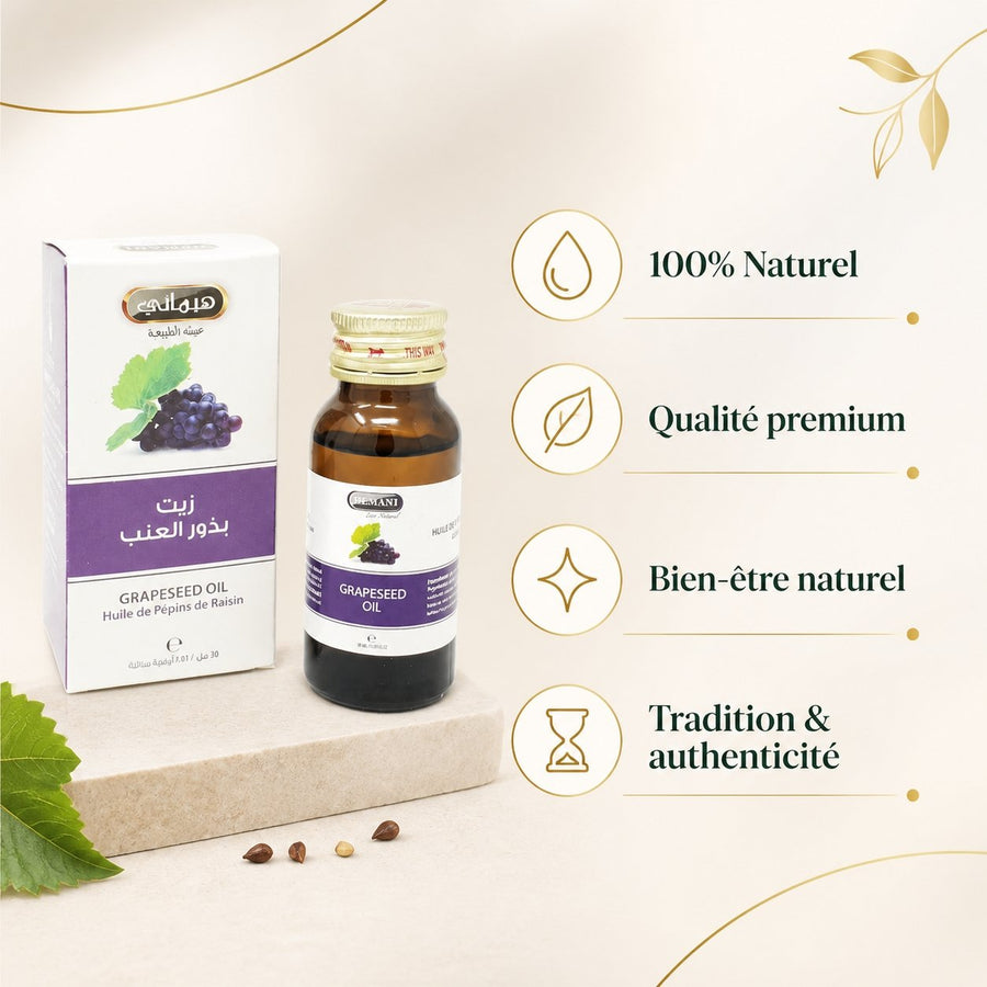 2 Huile de Pépin de Raisin 30mL 100% Naturelle Hemani – infographie des bienfaits et des ingrédients clés