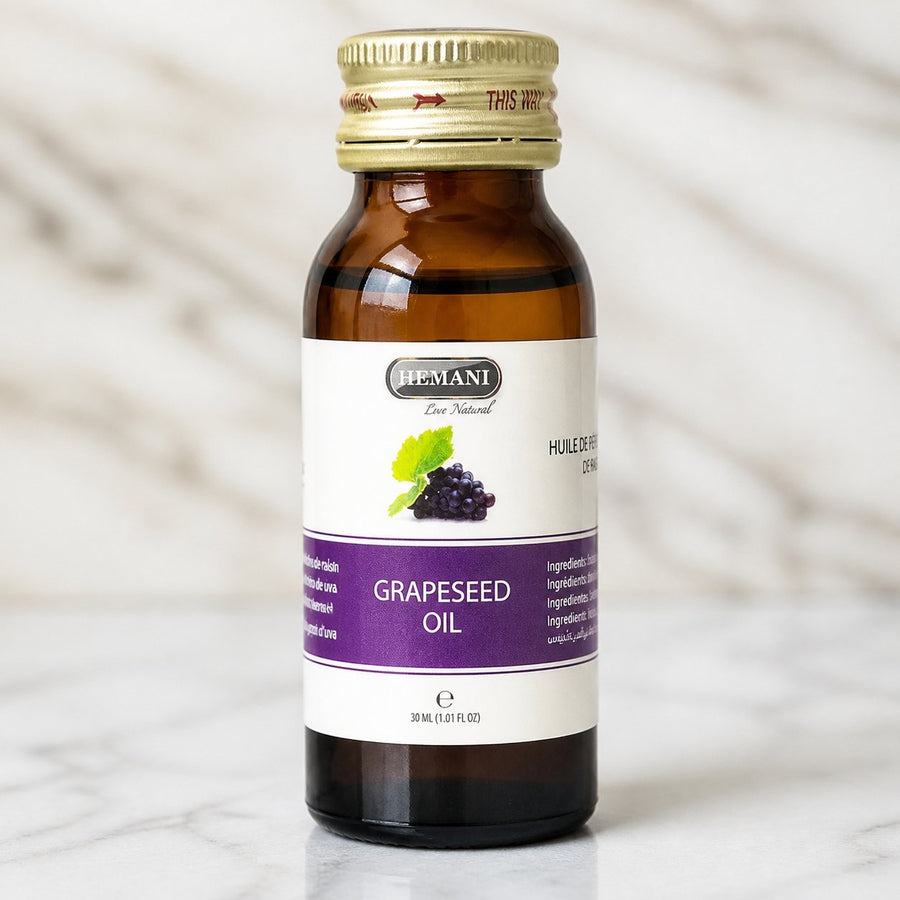2 Huile de Pépin de Raisin 30mL 100% Naturelle Hemani – gros plan sur les détails et la finition du packaging