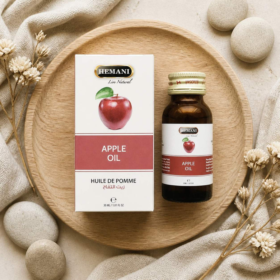2 Huile de Pomme 30mL 100% Naturelle Hemani – composition flat lay avec éléments naturels, vue du dessus