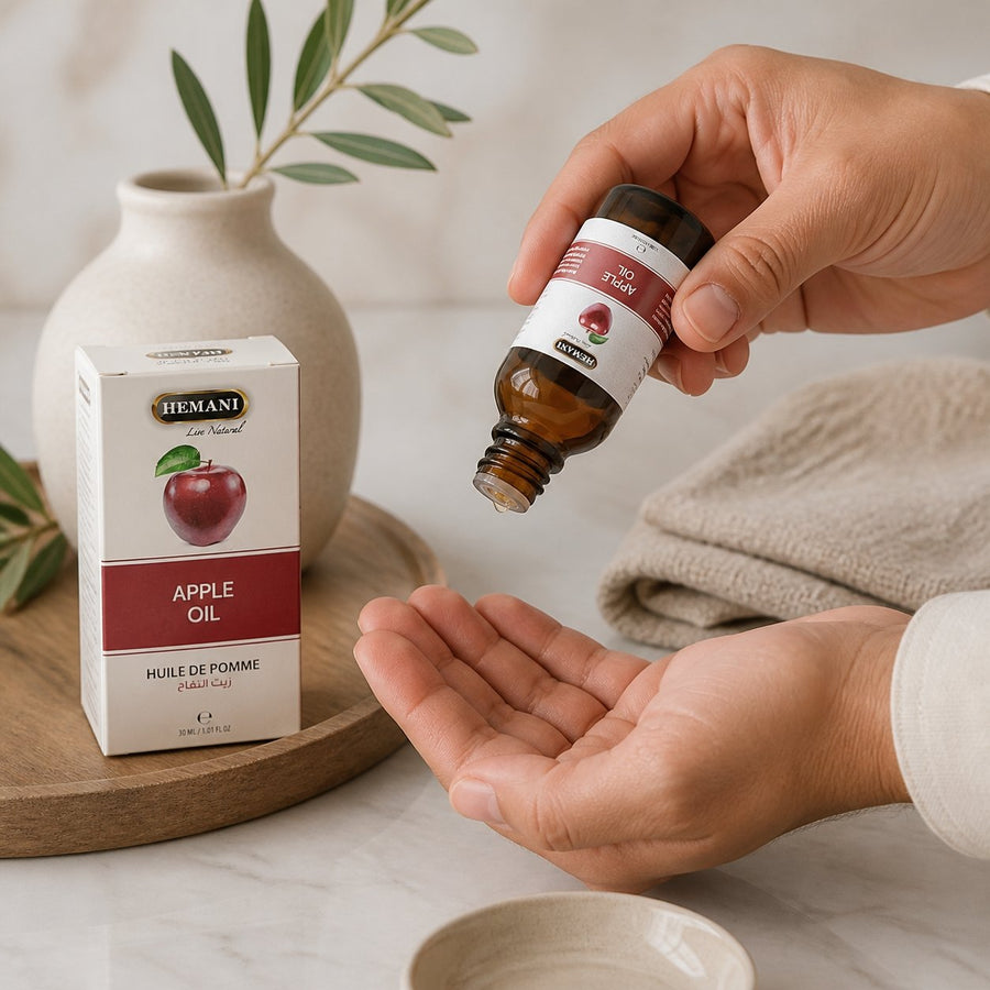 2 Huile de Pomme 30mL 100% Naturelle Hemani – application en situation réelle, geste de soin quotidien