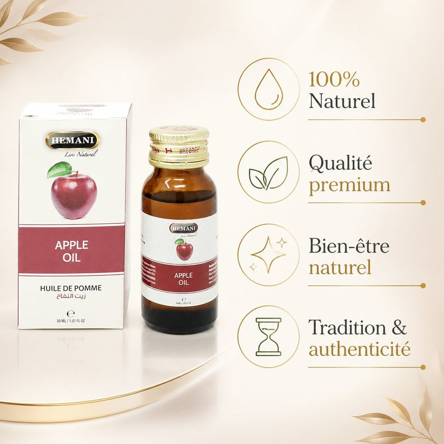 2 Huile de Pomme 30mL 100% Naturelle Hemani – infographie des bienfaits et des ingrédients clés