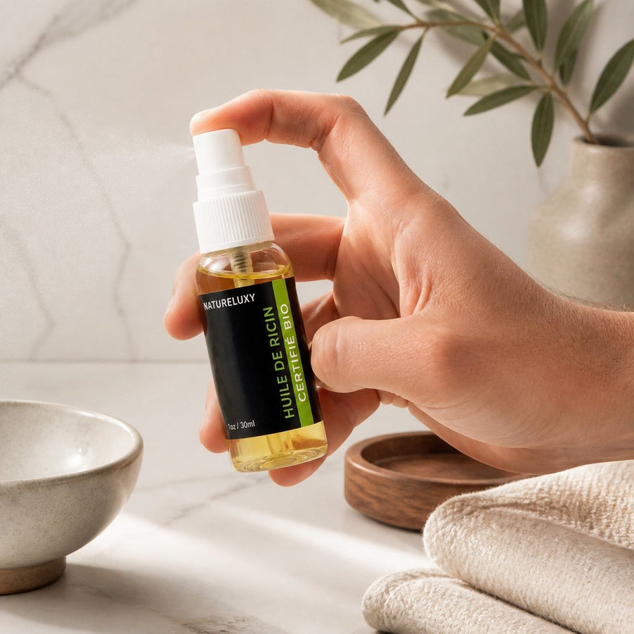2 Huile de Ricin 30mL 100% Naturelle Spray – application en situation réelle, geste de soin quotidien