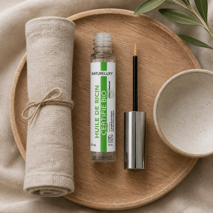 Lot de 2 Mascaras Huile de Ricin Bio 10 ml - Soin Cils – rituel d'utilisation vu du dessus, ambiance naturelle zen