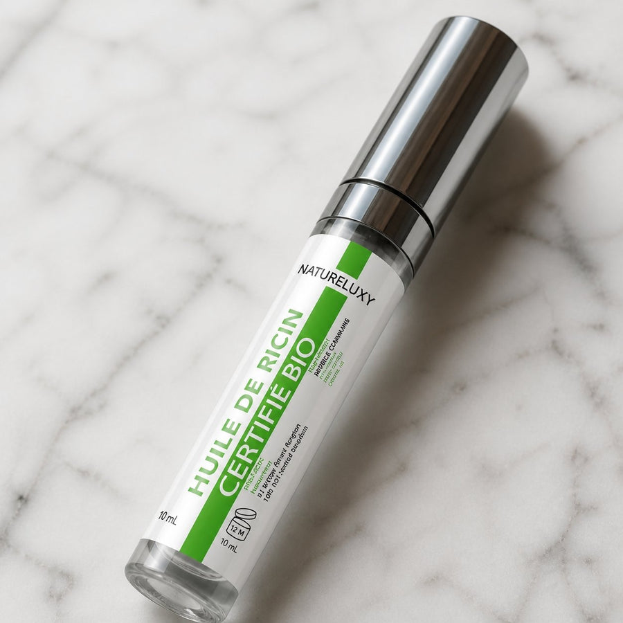 Lot de 2 Mascaras Huile de Ricin Bio 10 ml - Soin Cils – gros plan sur les détails et la finition du packaging