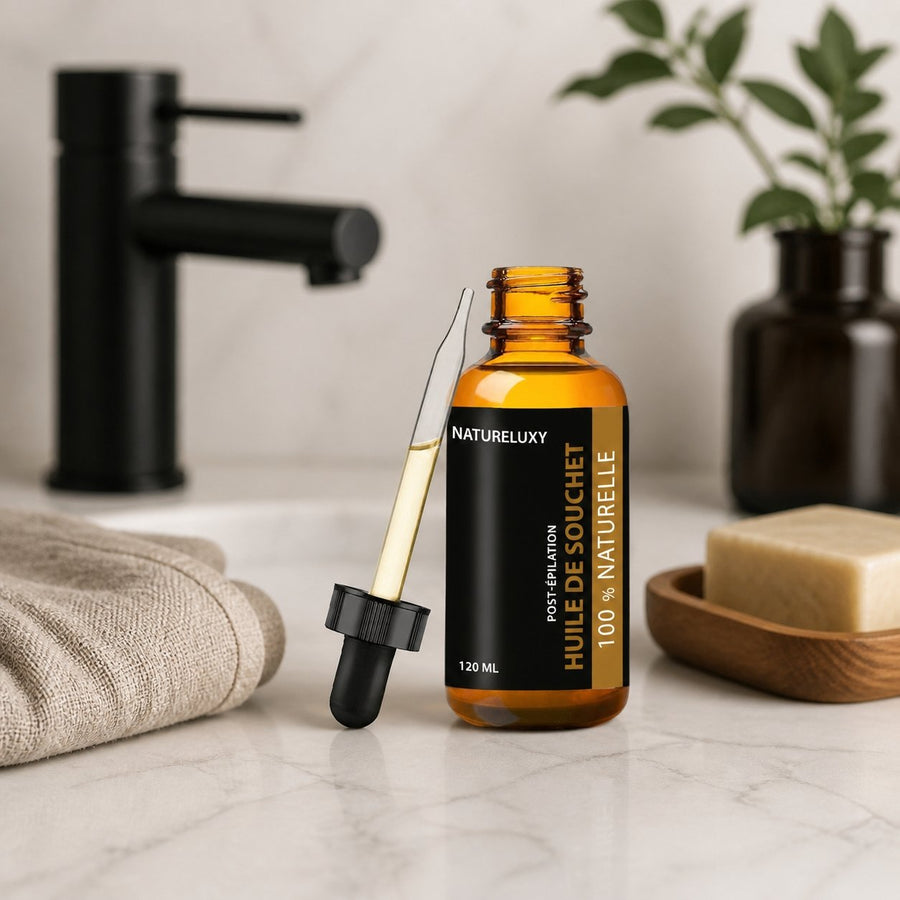 2 Huile de Souchet 100mL Pipette 100% naturelle – présentation du produit dans une salle de bain lumineuse et naturelle