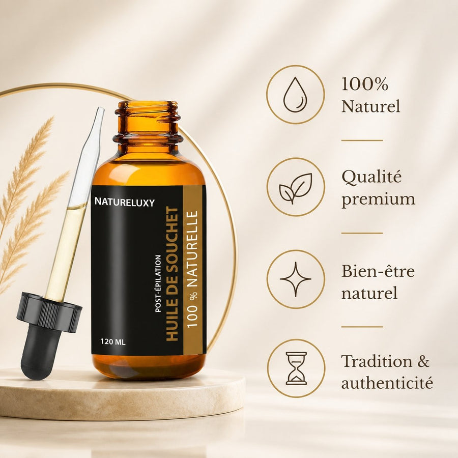2 Huile de Souchet 100mL Pipette 100% naturelle – infographie des bienfaits et des ingrédients clés