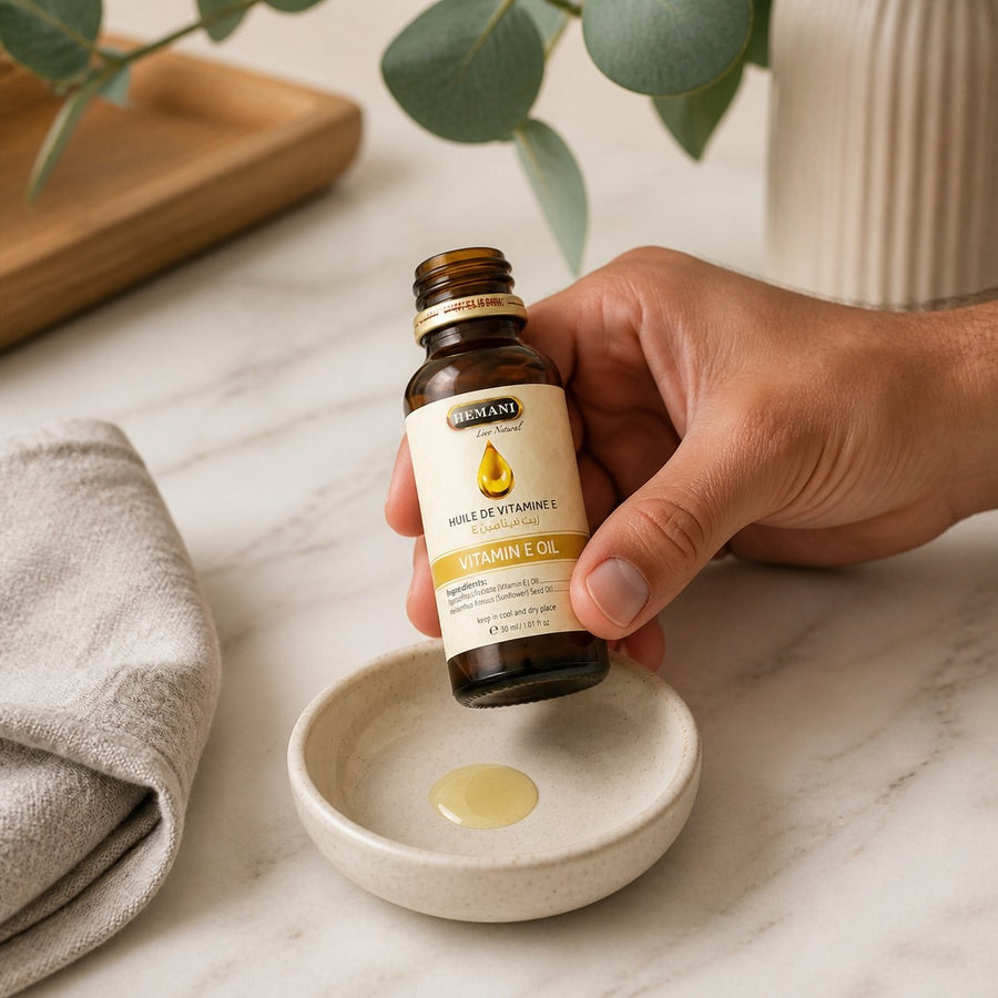 2 Huile de Vitamine E 30mL 100% Naturelle Hemani – application en situation réelle, geste de soin quotidien