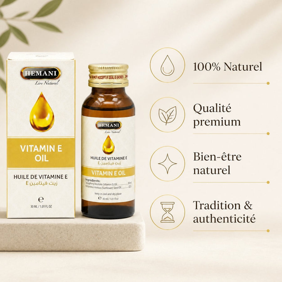 2 Huile de Vitamine E 30mL 100% Naturelle Hemani – infographie des bienfaits et des ingrédients clés