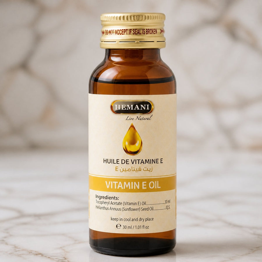2 Huile de Vitamine E 30mL 100% Naturelle Hemani – gros plan sur les détails et la finition du packaging