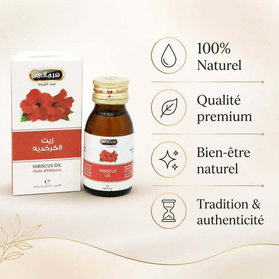 2 Huile d'Hibiscus 30mL 100% Naturelle Hemani – infographie des bienfaits et des ingrédients clés