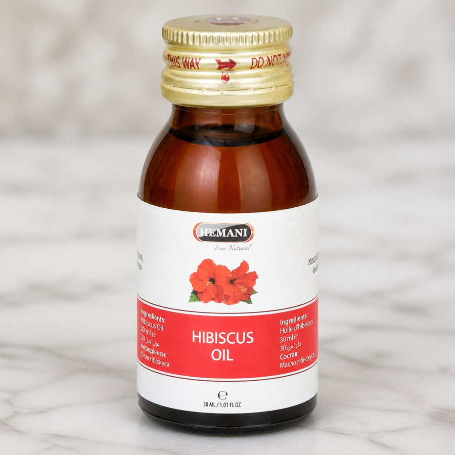 2 Huile d'Hibiscus 30mL 100% Naturelle Hemani – gros plan sur les détails et la finition du packaging
