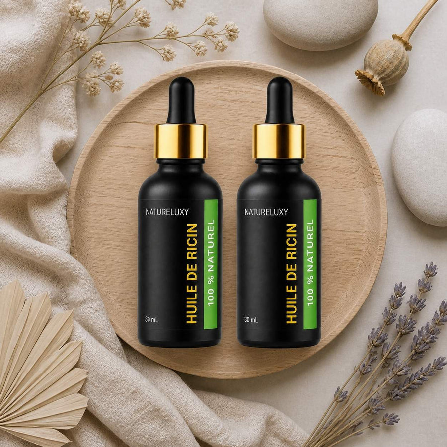 2 Huile végétale de ricin 30 ml à pipette – composition flat lay avec éléments naturels, vue du dessus