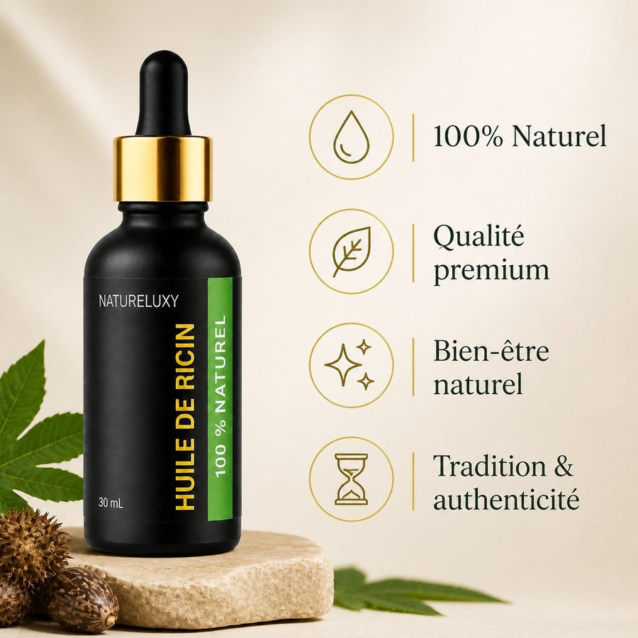 2 Huile végétale de ricin 30 ml à pipette – infographie des bienfaits et des ingrédients clés