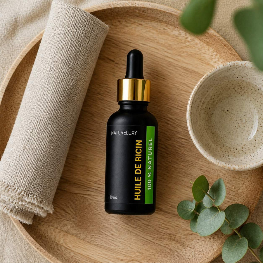 2 Huile végétale de ricin 30 ml à pipette – rituel d'utilisation vu du dessus, ambiance naturelle zen