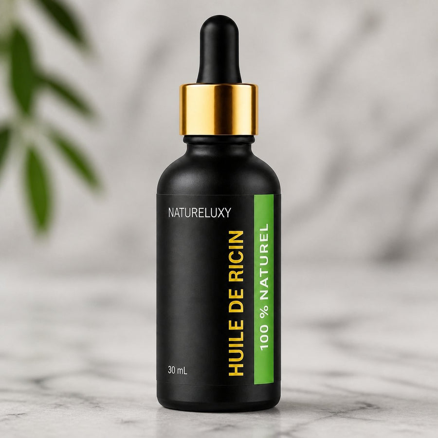 2 Huile végétale de ricin 30 ml à pipette – gros plan sur les détails et la finition du packaging