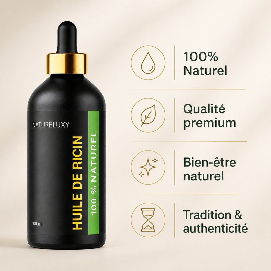 2 Huiles de Ricin 100ml à pipette Réduction – infographie des bienfaits et des ingrédients clés