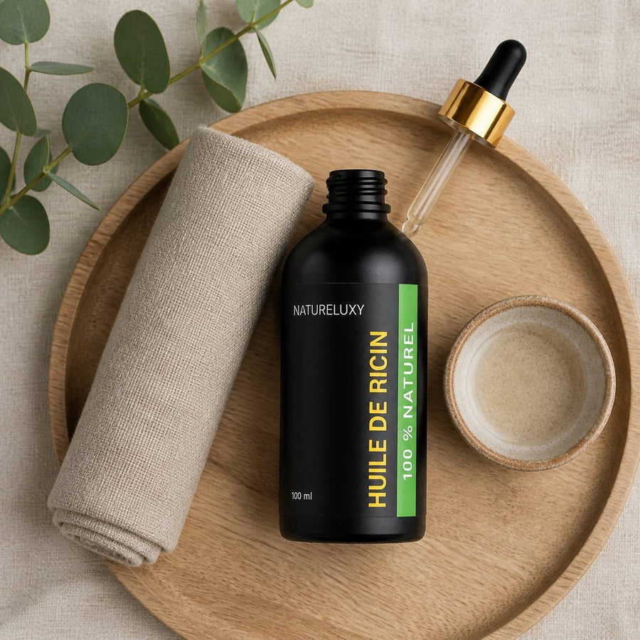 2 Huiles de Ricin 100ml à pipette Réduction – rituel d'utilisation vu du dessus, ambiance naturelle zen