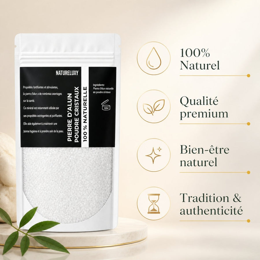 2X Pierre d'Alun Poudre - 250g - Déo Naturel – infographie des bienfaits et des ingrédients clés