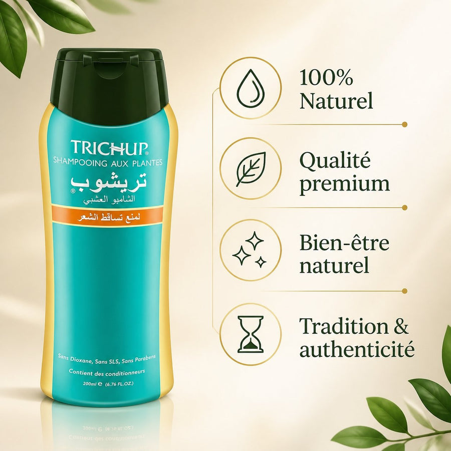 Lot de 2 Shampoings Trichup Anti-Chute Sans Sulfate Soin Indien 200 mL – infographie des bienfaits et des ingrédients clés