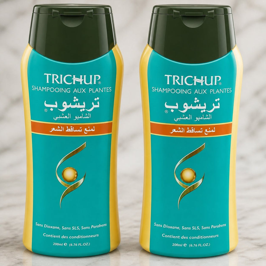 Lot de 2 Shampoings Trichup Anti-Chute Sans Sulfate Soin Indien 200 mL – gros plan sur les détails et la finition du packaging