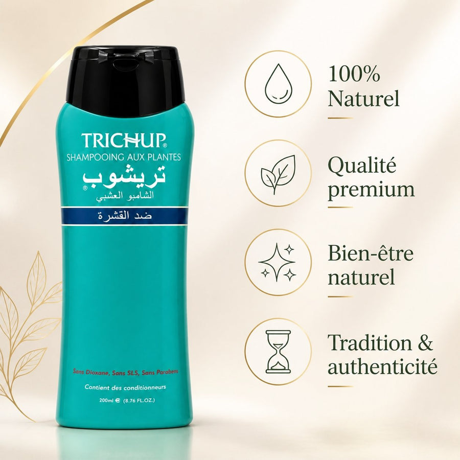 2 Shampoings Soin Indien Anti-pelliculaire Trichup 200ml – infographie des bienfaits et des ingrédients clés