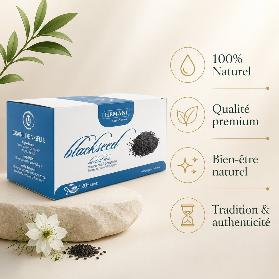 20 Tisanes à la Nigelle Hemani - Infusion en 20 Sachets – infographie des bienfaits et des ingrédients clés