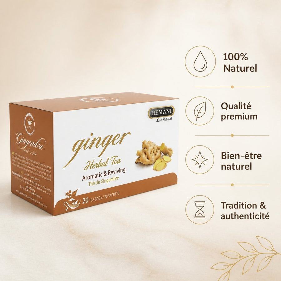 Hemani 20 Tisanes de Gingembre — Infusion – infographie des bienfaits et des ingrédients clés