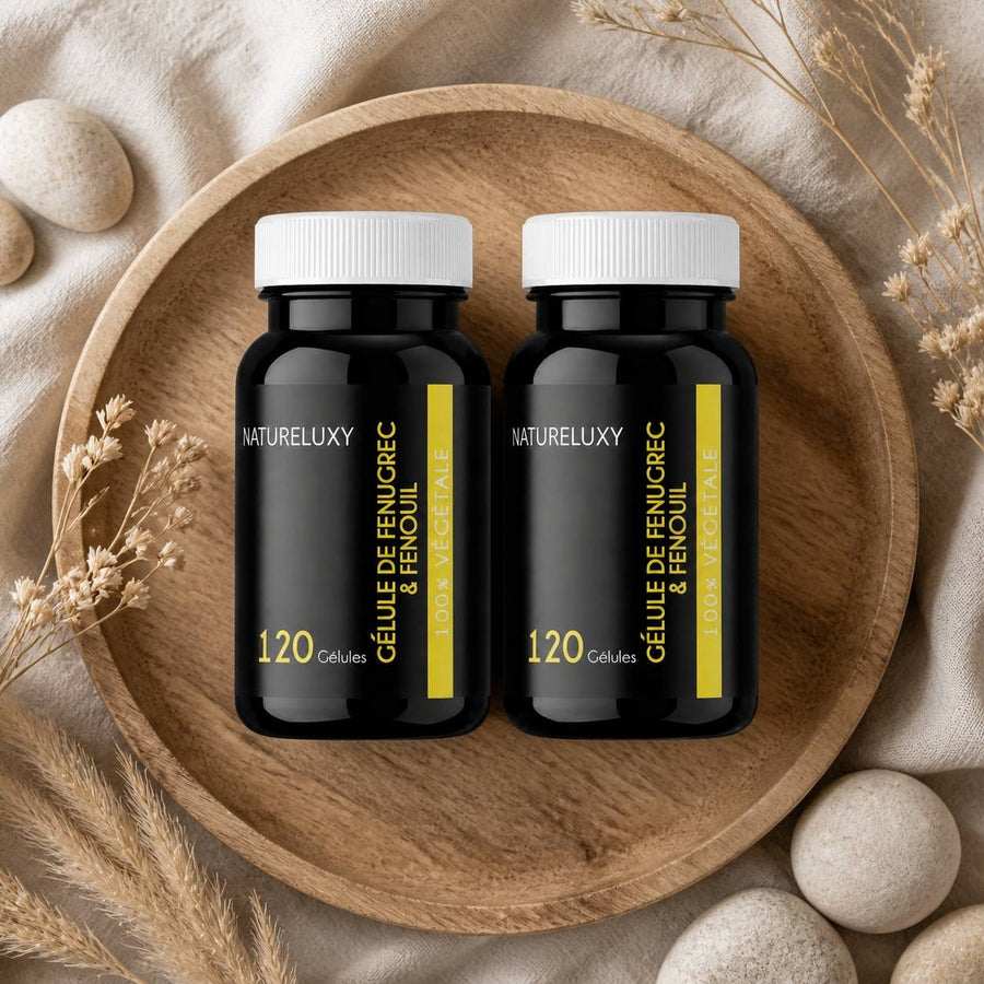 240 gélules de Fenugrec & Fenouil Natureluxy – composition flat lay avec éléments naturels, vue du dessus