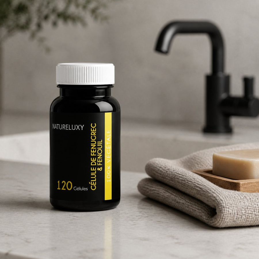 240 gélules de Fenugrec & Fenouil Natureluxy – présentation du produit dans une salle de bain lumineuse et naturelle